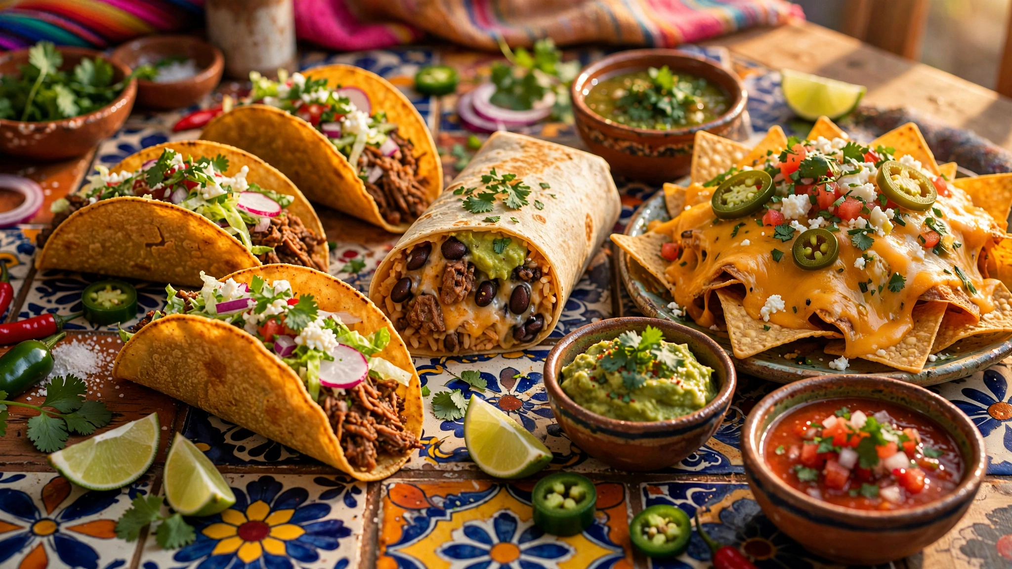 Taco Bell nutrition calculator — tacos, burrito, nachos and guacamole on a tiled table