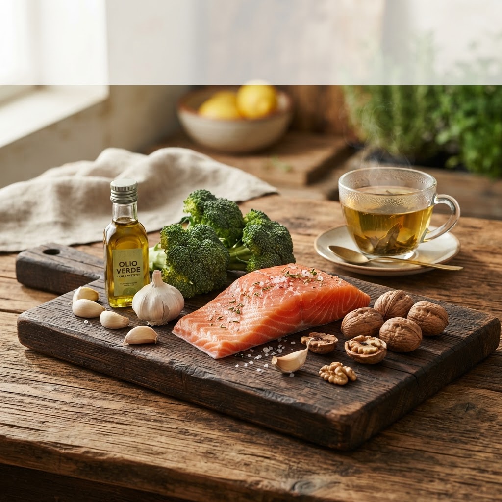 Foods for fatty liver — salmon, garlic, olive oil, broccoli, walnuts, and green tea on a wooden board — FoodIdentifier.com