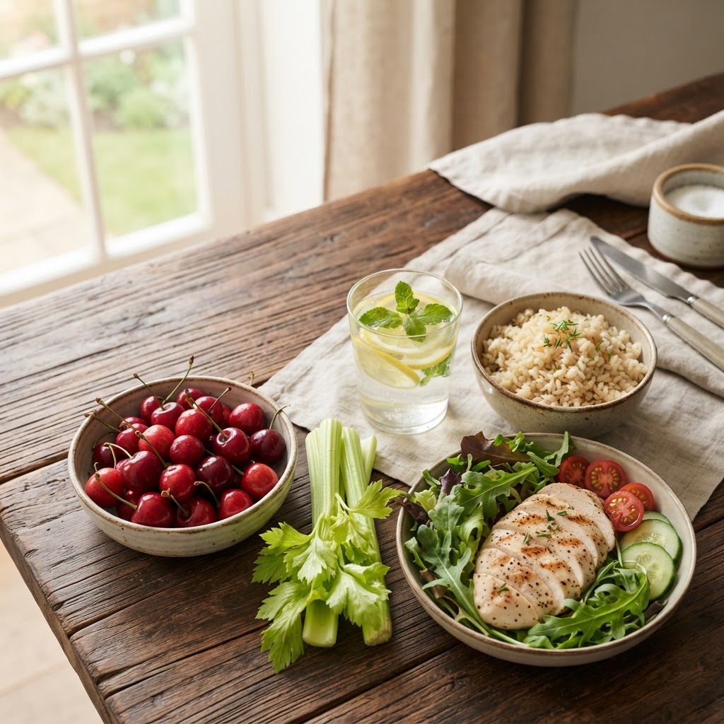Foods for gout — cherries, celery, lemon water, chicken, brown rice, and lettuce on a wooden table — FoodIdentifier.com