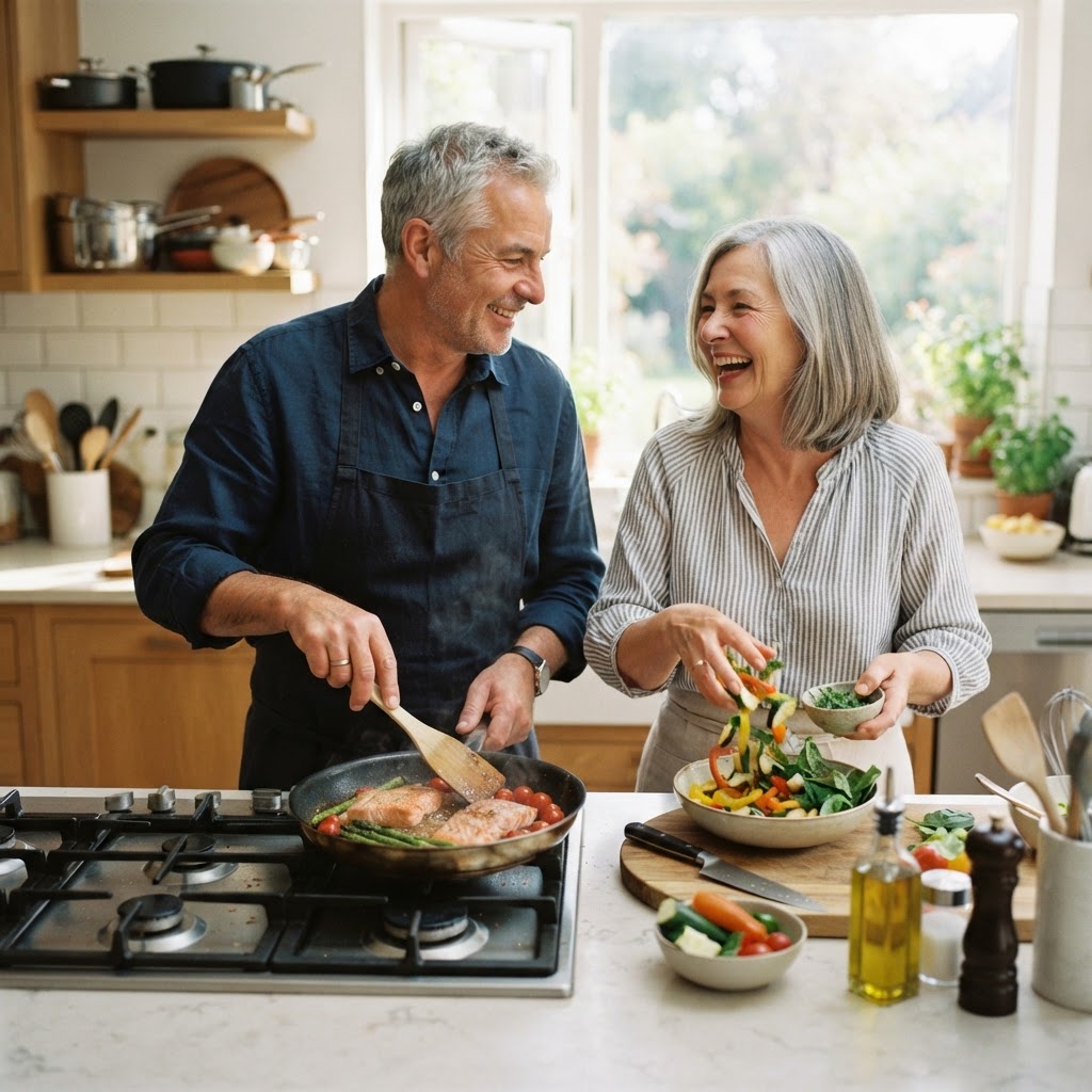Protein- and creatine-rich meals matter more with age — salmon on the stove.