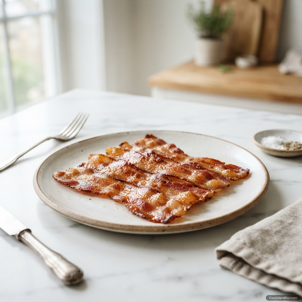 How many calories in bacon — crispy cooked pork bacon slices on a plate.