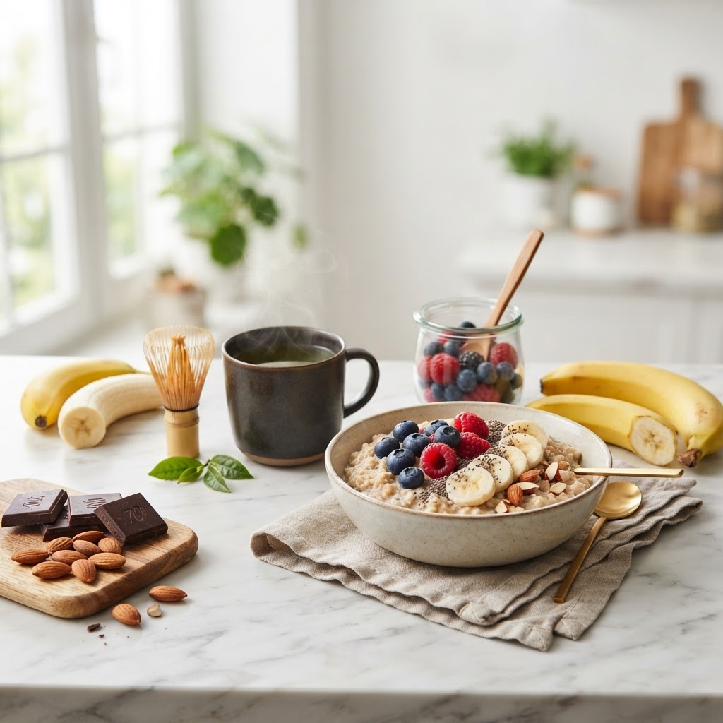 Foods for energy — bananas, oatmeal, almonds, dark chocolate, green tea, and berries on a marble counter — FoodIdentifier.com