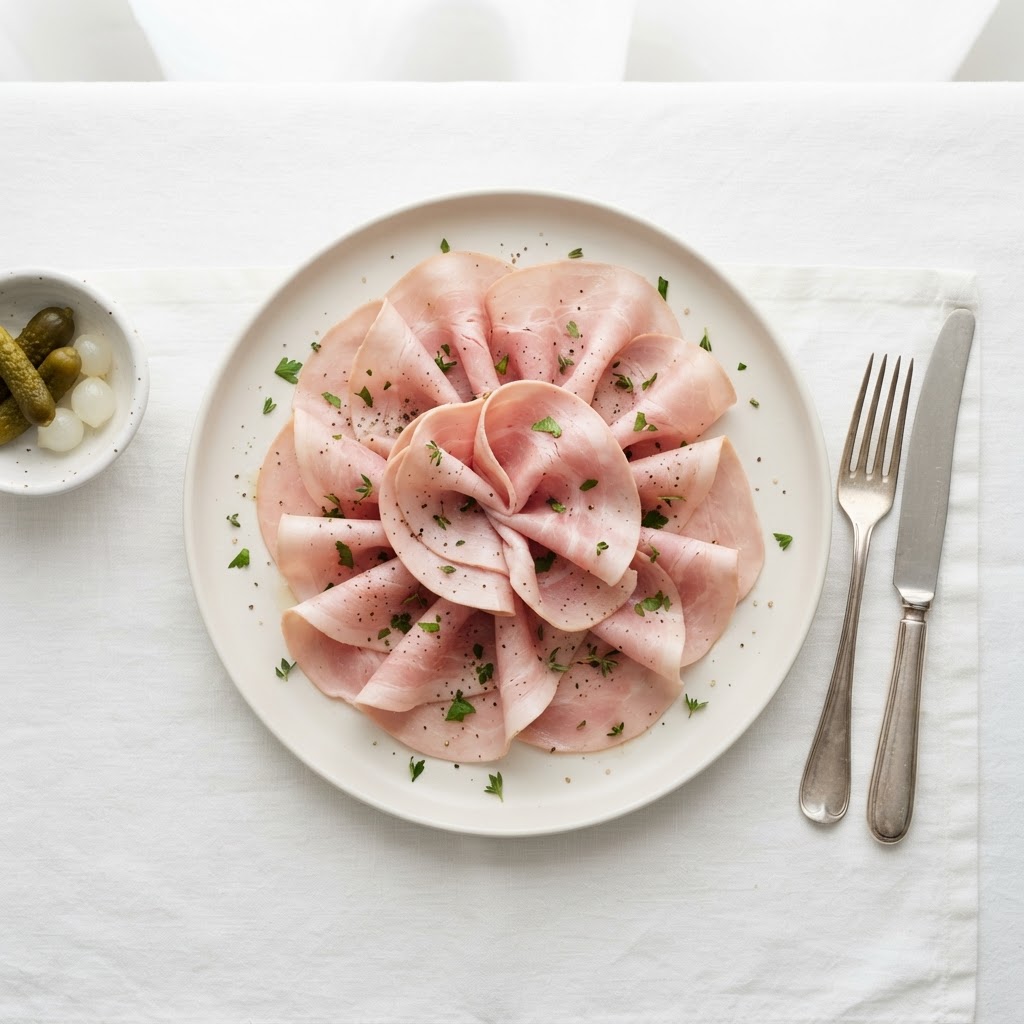 Sliced deli ham on a plate — 164 calories per 100g