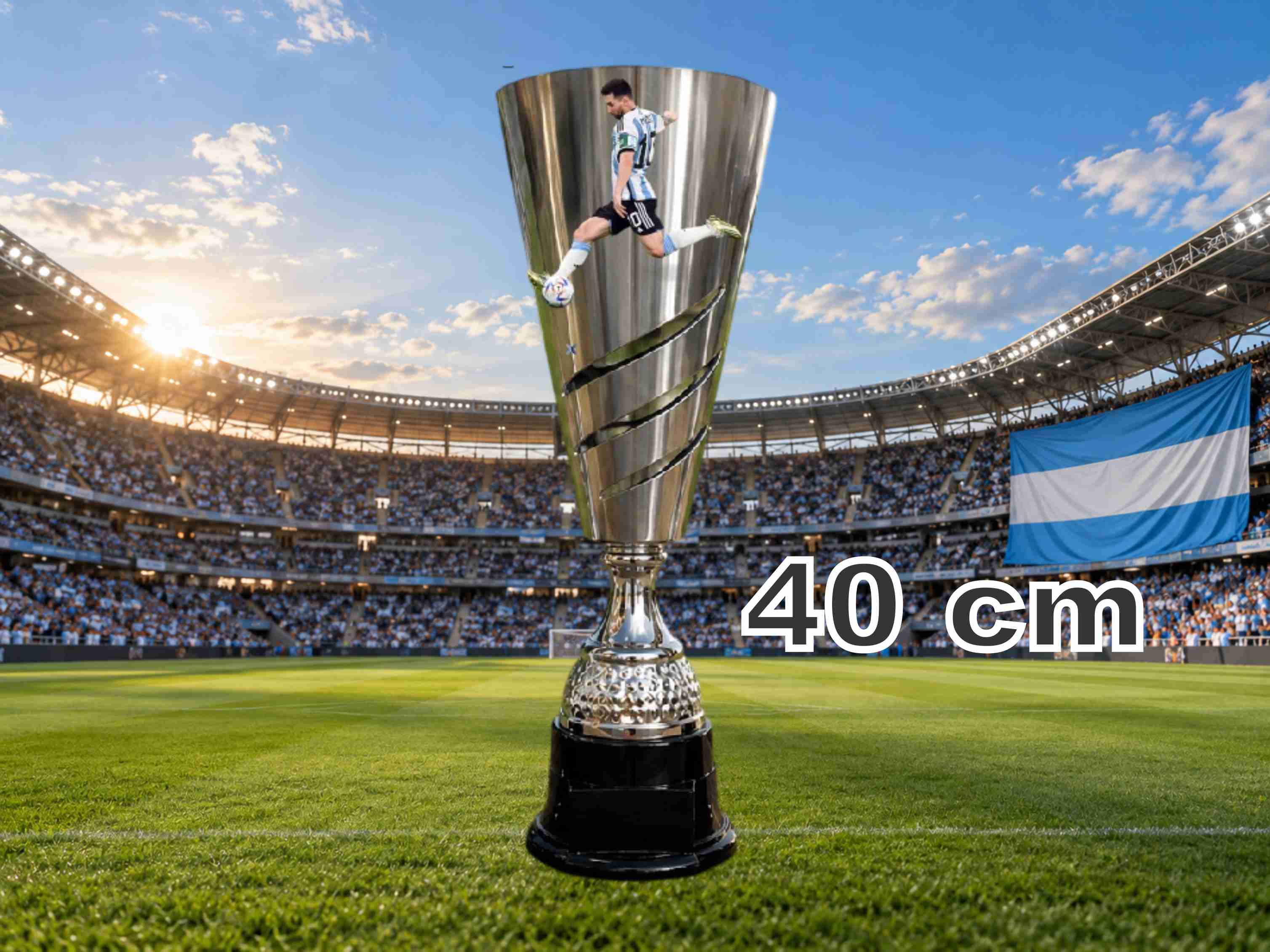 K4401 COPA LASER FUTBOL **MESSI**IMP.  Alt 40 cm  LASER METALICA PLATA