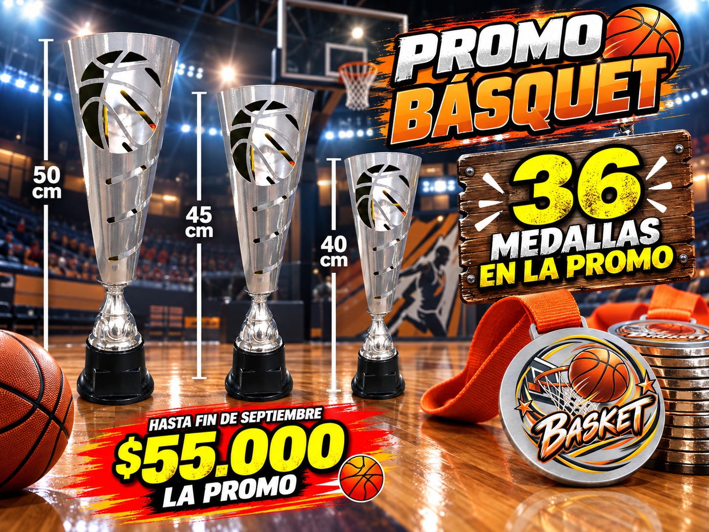 KCP4481 COMBO COPA LASER BASKET METALICAS PLATA + 36 medallas