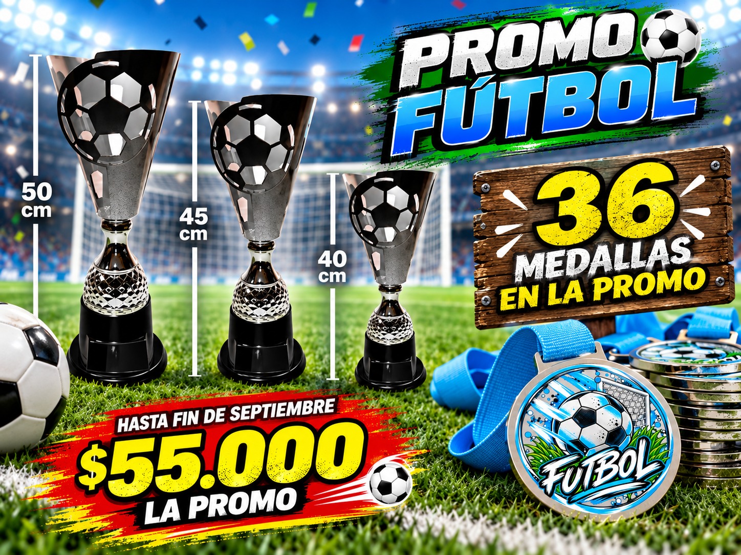 KCP4400S COMBO COPA LASER FUTBOL METALICA PLATEADA ALTs 50-45-40 cm + 36 medallas
