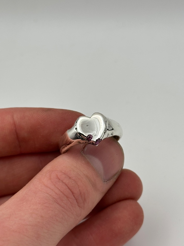 Silver heart signet ring with ruby