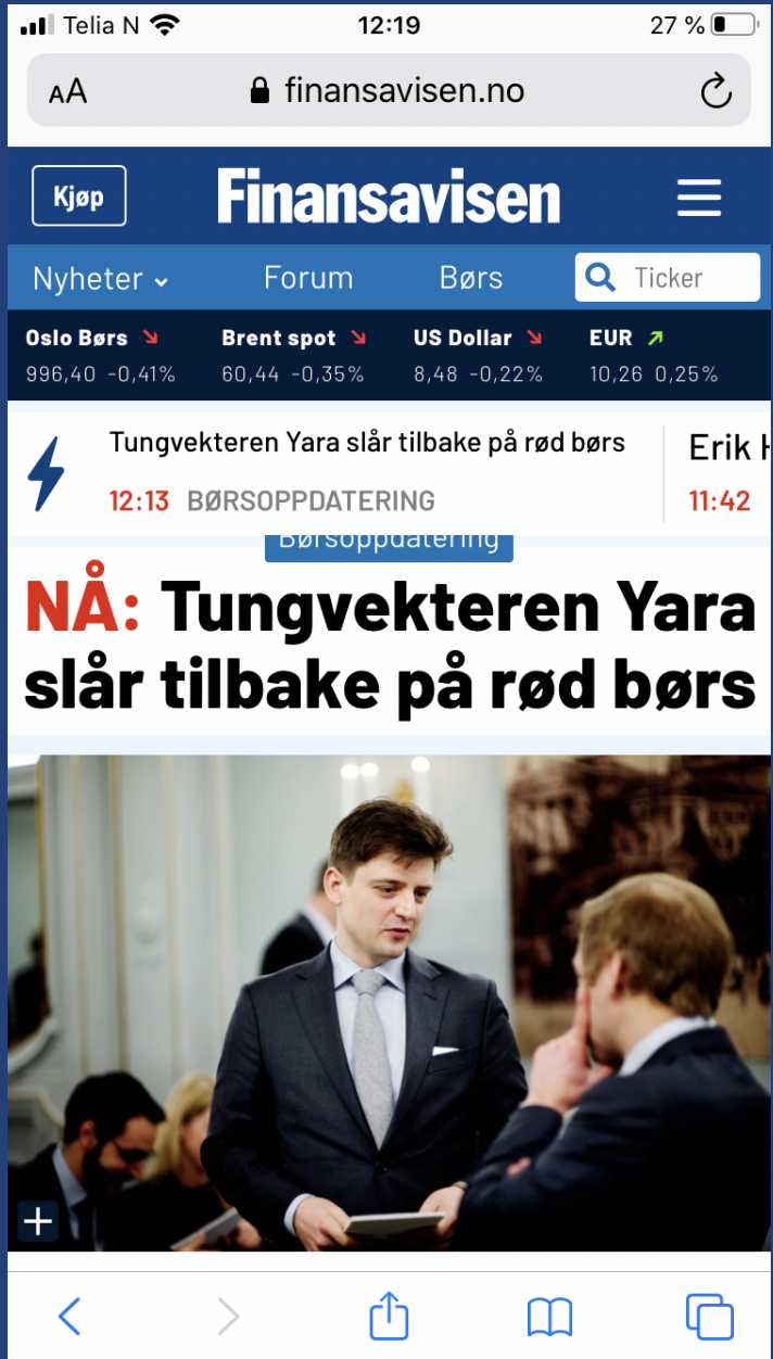 The same Finansavisen homepage on mobile