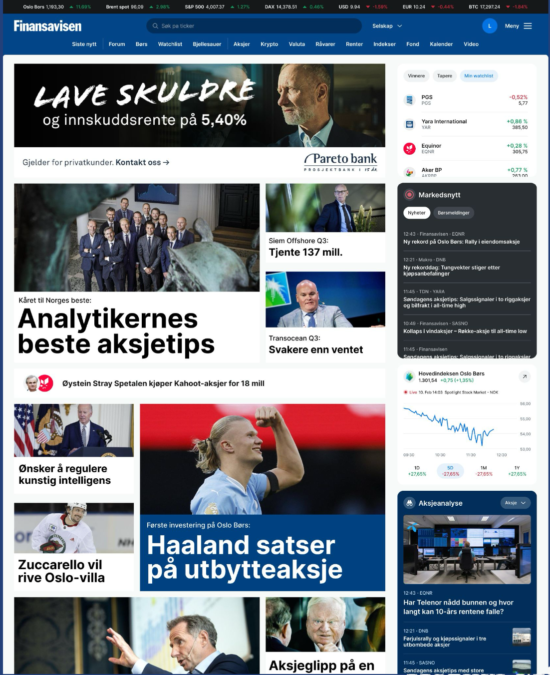 The Finansavisen homepage on desktop, with a market-data ticker, lead story and market modules in the sidebar