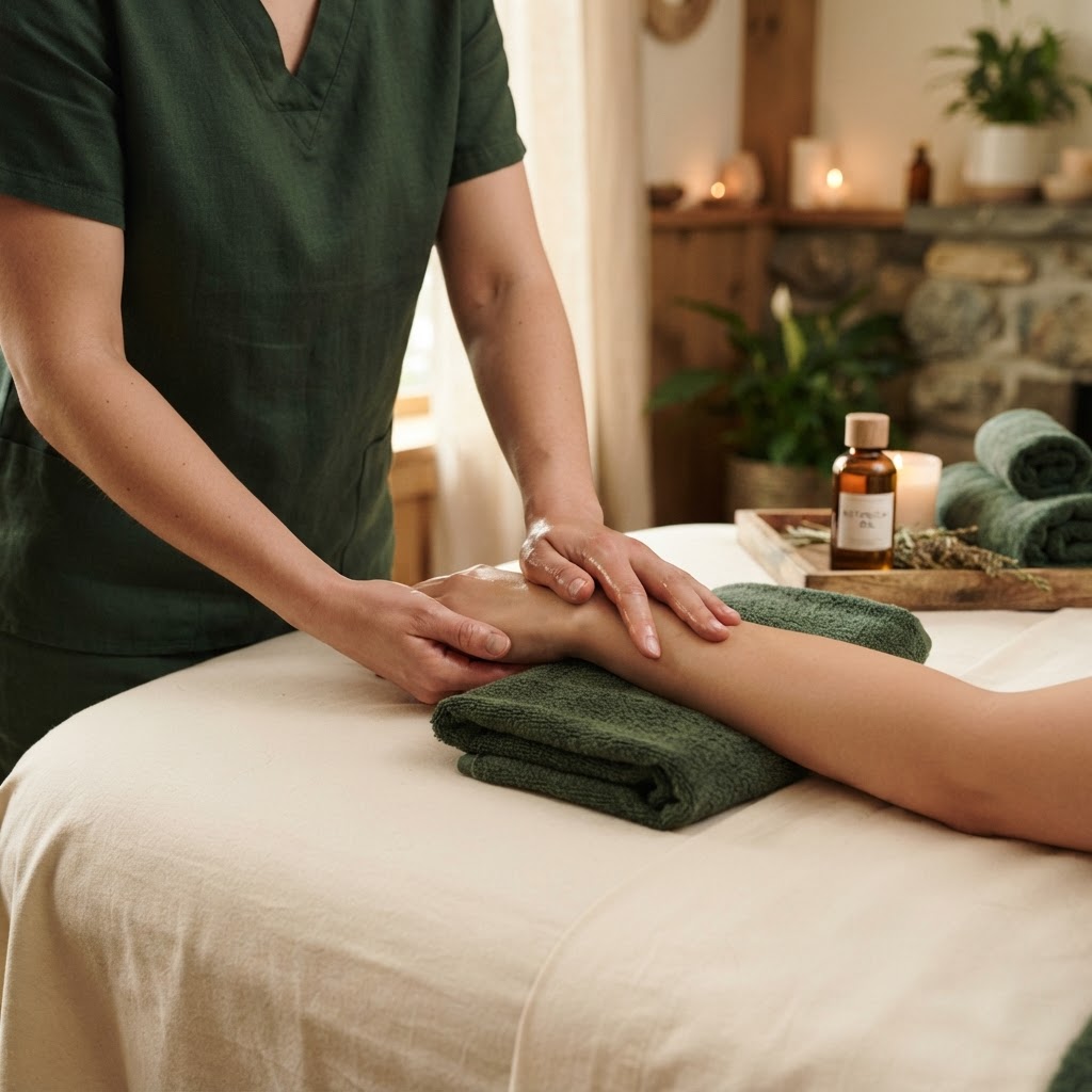 Therapist providing focused care for a client’s hand and forearm