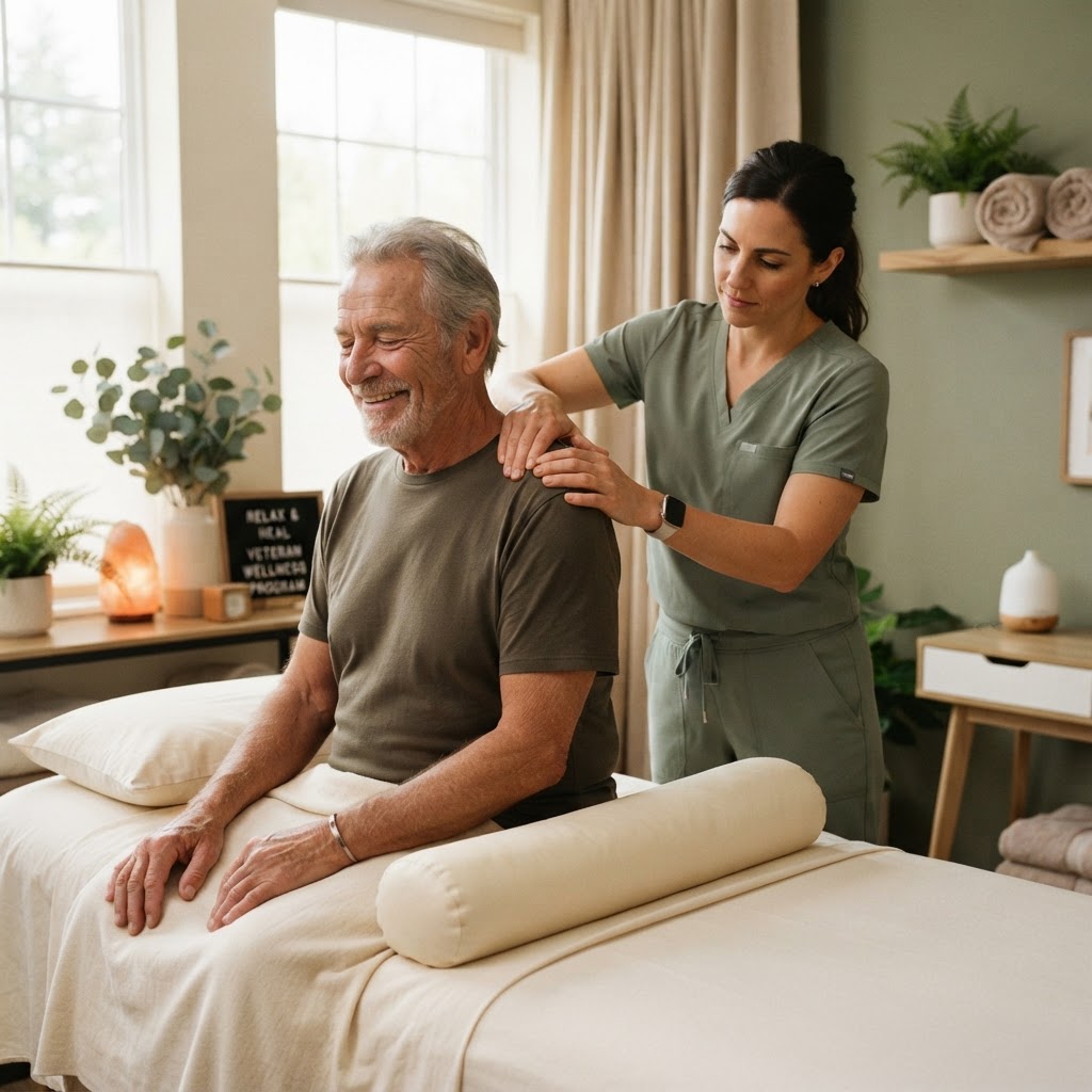 Older veteran receiving respectful therapeutic shoulder massage in a calm studio