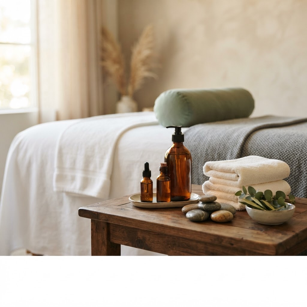 Clean massage table with lotions, oils, towels, and smooth stones