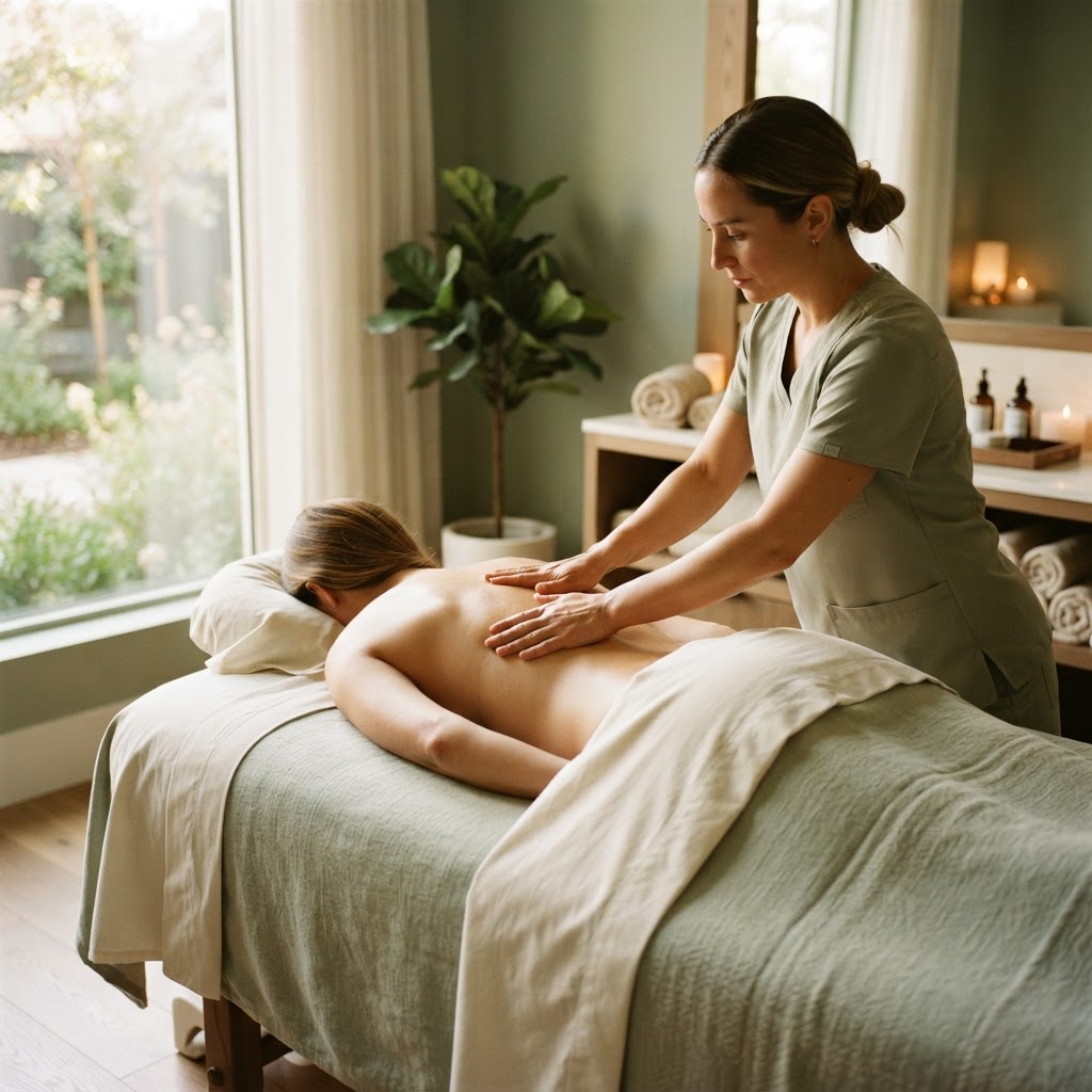 Therapist providing hands-on care for an adult client’s upper back