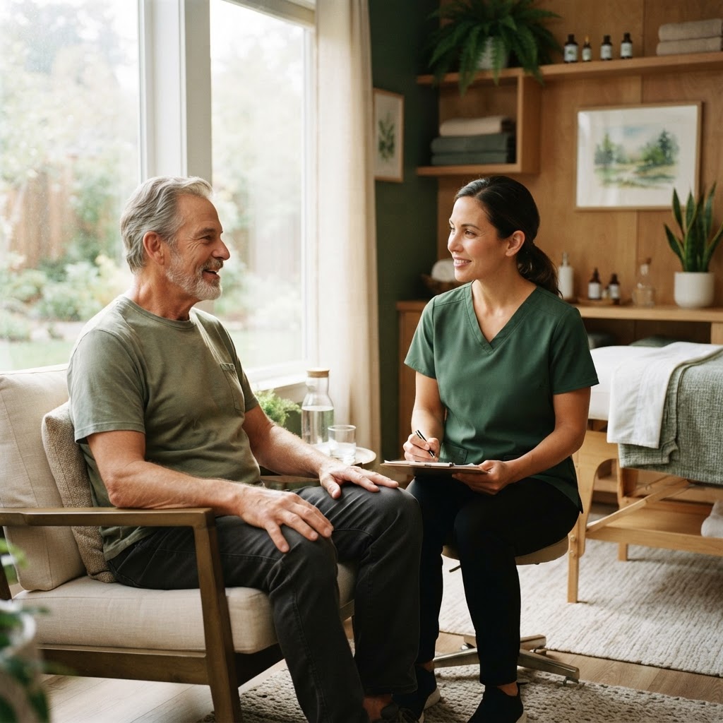 Veteran discussing comfort and care preferences with a professional therapist