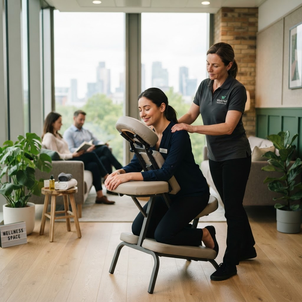 Employee receiving seated shoulder massage during a workplace wellness program