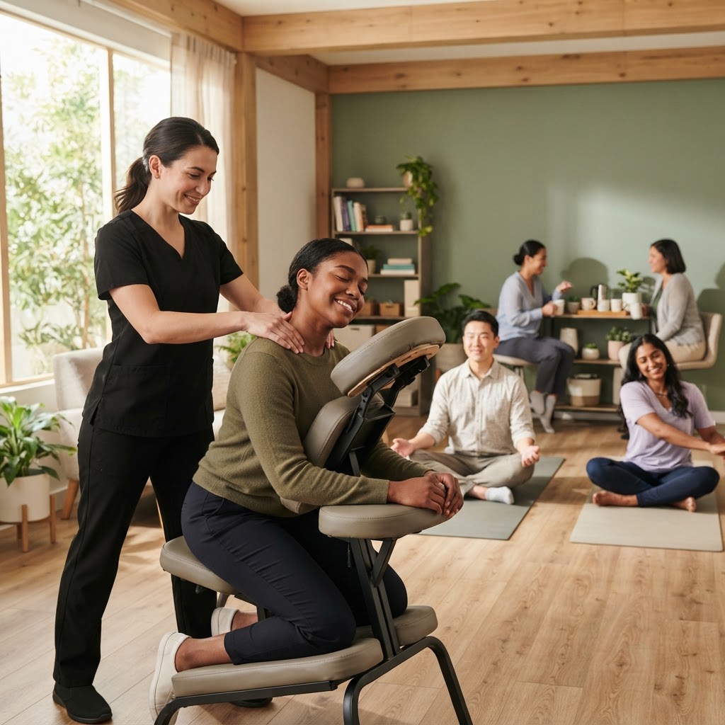 Diverse coworkers enjoying a professional workplace wellness massage session