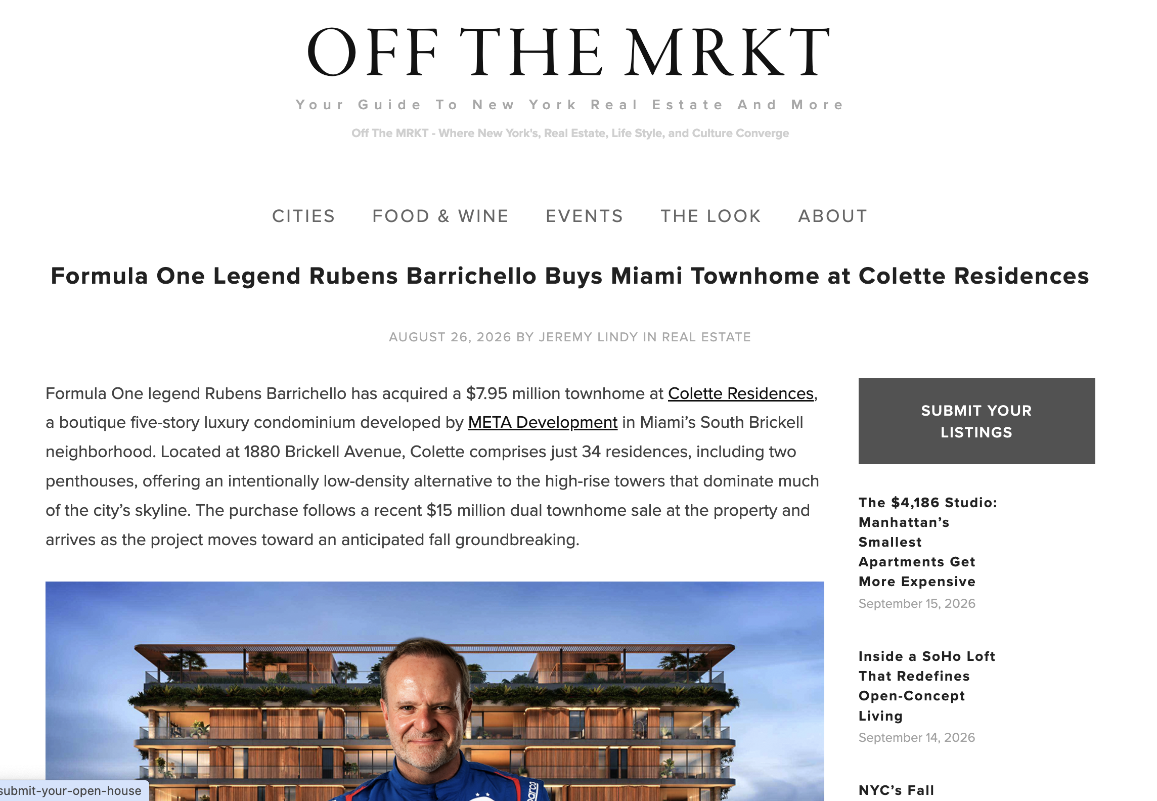 Formula One Legend Rubens Barrichello Buys Miami Townhome at Colette Residences — Off The MRKT
