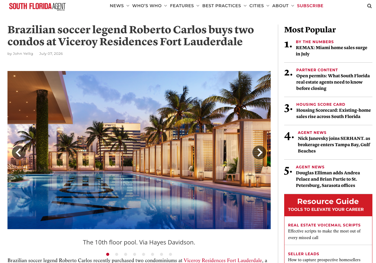 Brazilian soccer legend Roberto Carlos buys two condos at Viceroy Residences Fort Lauderdale