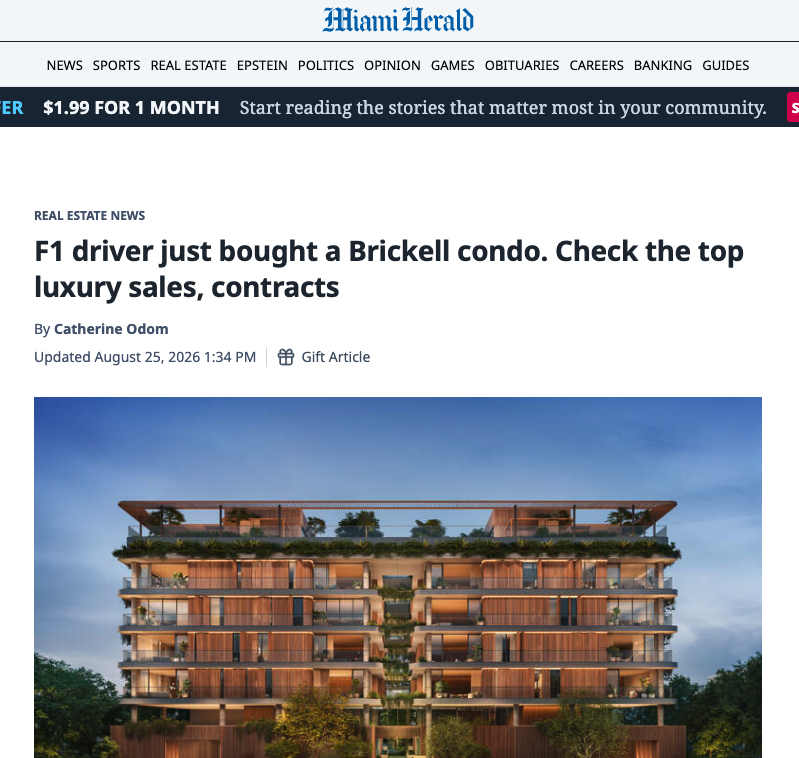 Brazilian race car driver's $8M South Brickell townhome purchase among Miami-Dade's top transactions