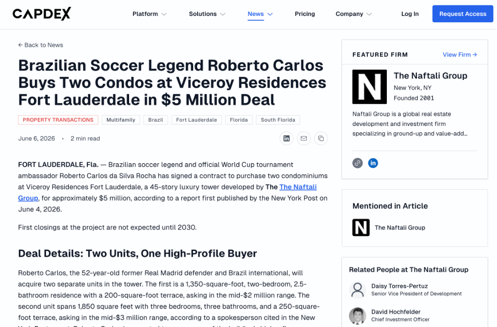 CAPDEX: Brazilian Soccer Legend Roberto Carlos Buys Two Condos at Viceroy Residences Fort Lauderdale in $5 Million Deal