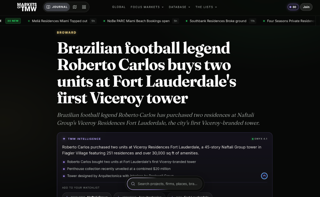 Brazilian football legend Roberto Carlos buys two units at Fort Lauderdale's first Viceroy tower