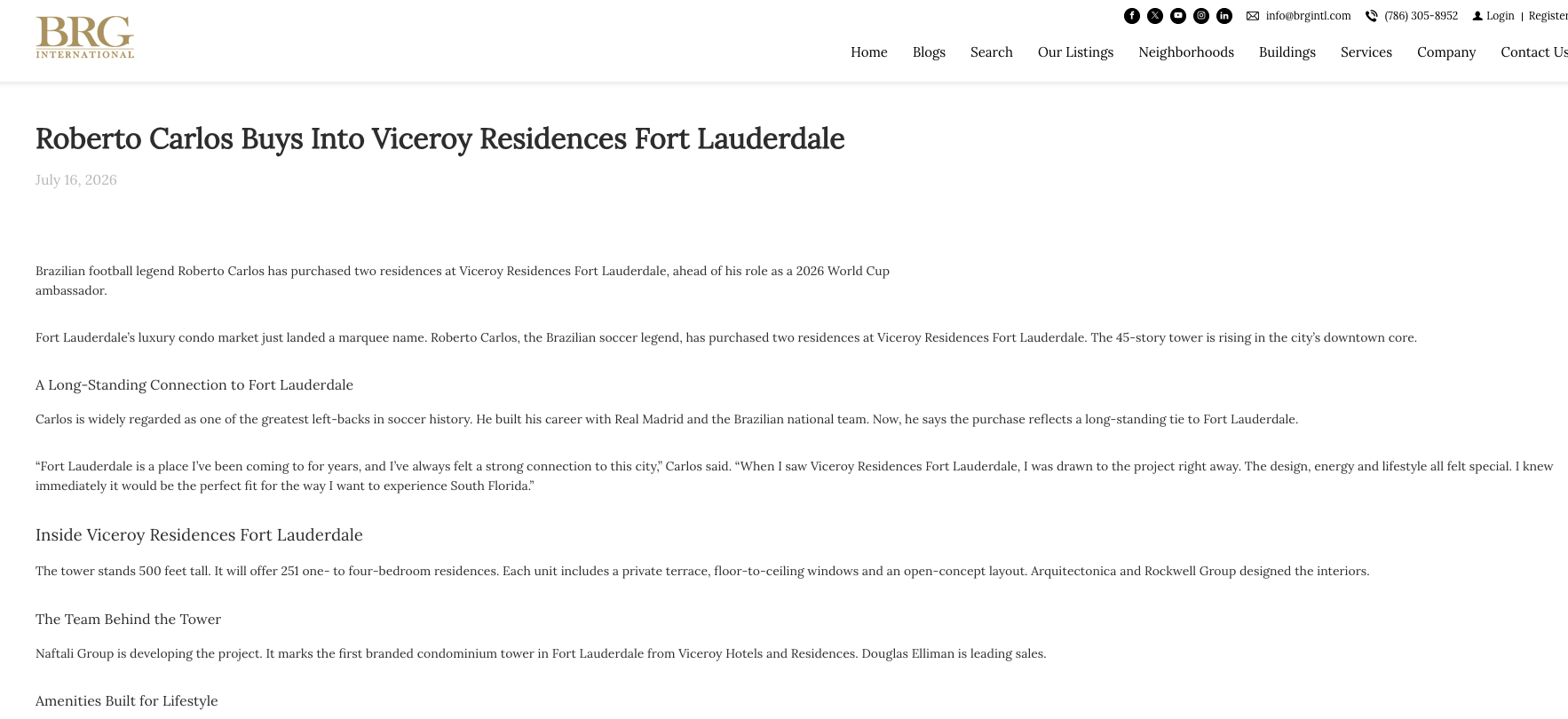 BRG International: Roberto Carlos Buys Into Viceroy Residences Fort Lauderdale