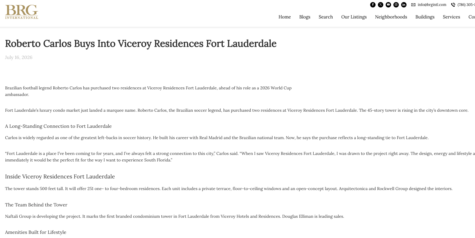 Roberto Carlos Buys Into Viceroy Residences Fort Lauderdale