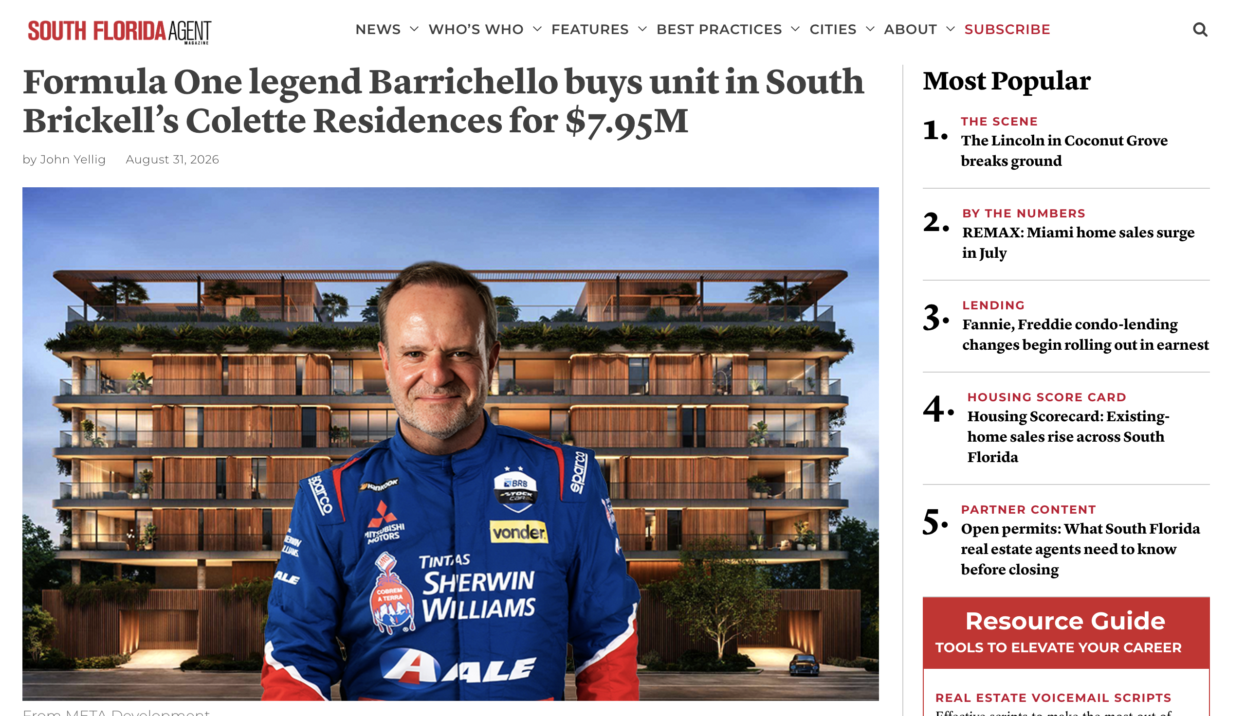 Formula One legend Barrichello buys unit in South Brickell's Colette Residences for $7.95M — South Florida Agent Magazine