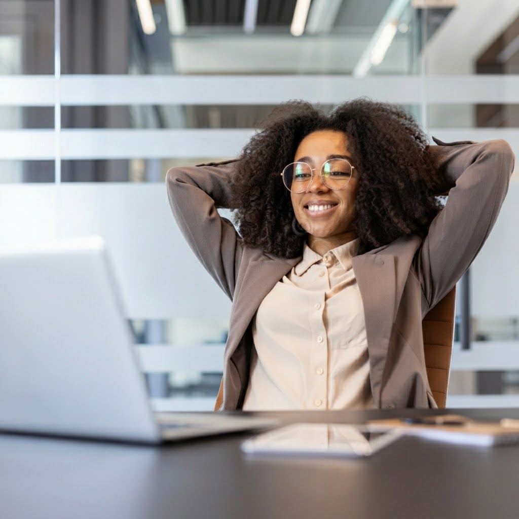 A confident businesswoman relaxing at her desk, pleased with her promotional campaign on her laptop