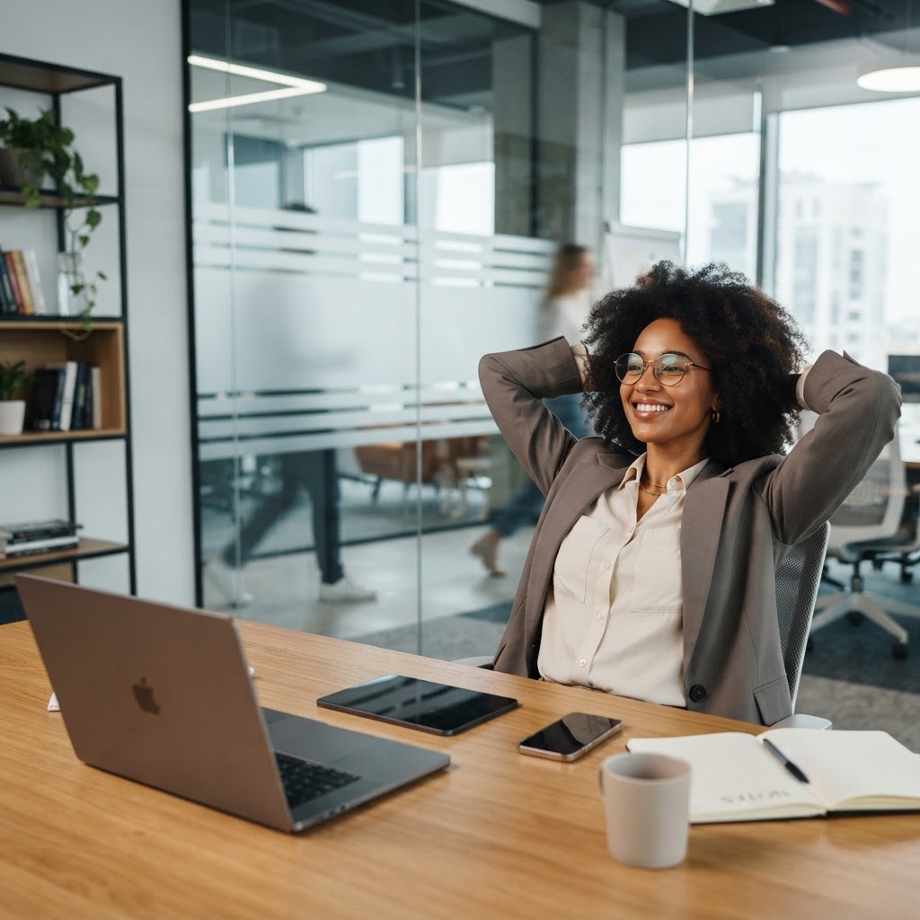 A confident businesswoman at her desk, pleased with her promotional campaign