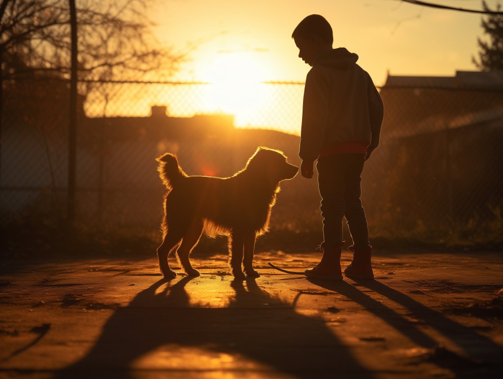 Child and dog at sunset