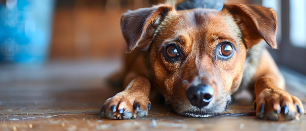 A golden dog with expressive eyes