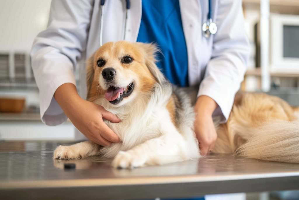 Veterinarian examining a happy dog during a consultation