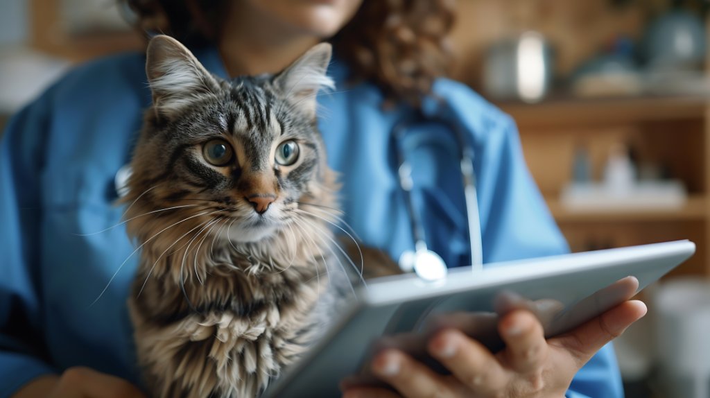 Veterinarian examining a cat with a tablet
