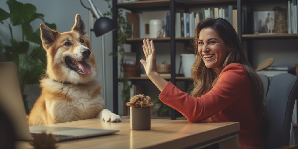 A pet parent giving her dog a high-five during a training session