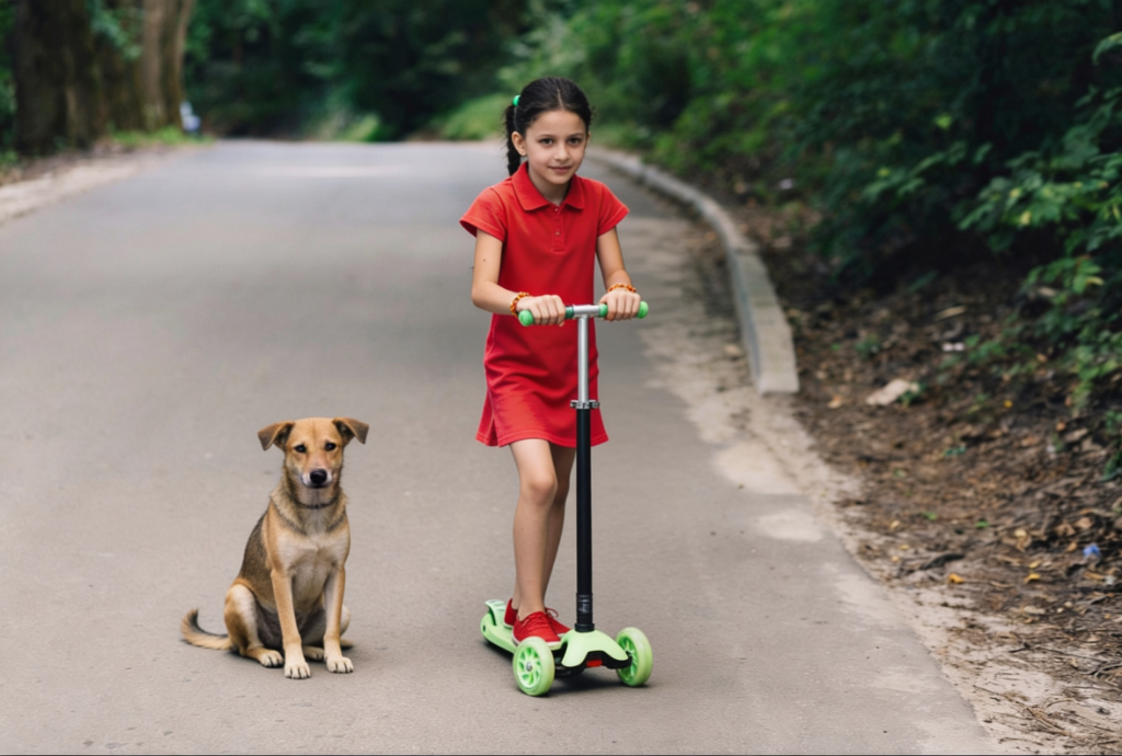 Girl on scooter with dog