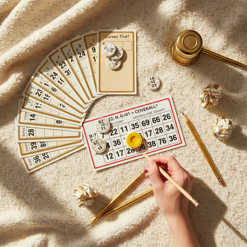 Cartones de bingo con números marcados sobre mesa de sala de juego en Barcelona