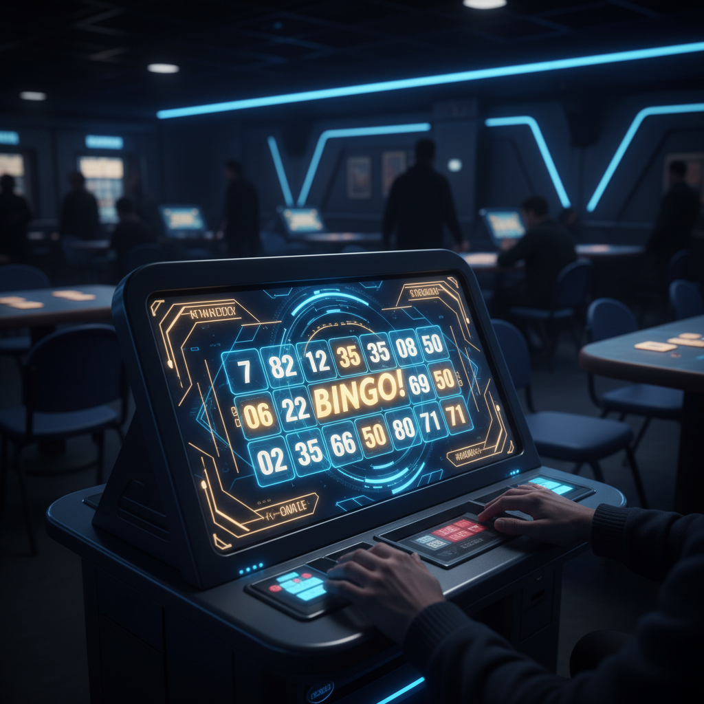 Terminal de bingo electrónico con pantalla táctil en sala de bingo de Barcelona mostrando números en tiempo real