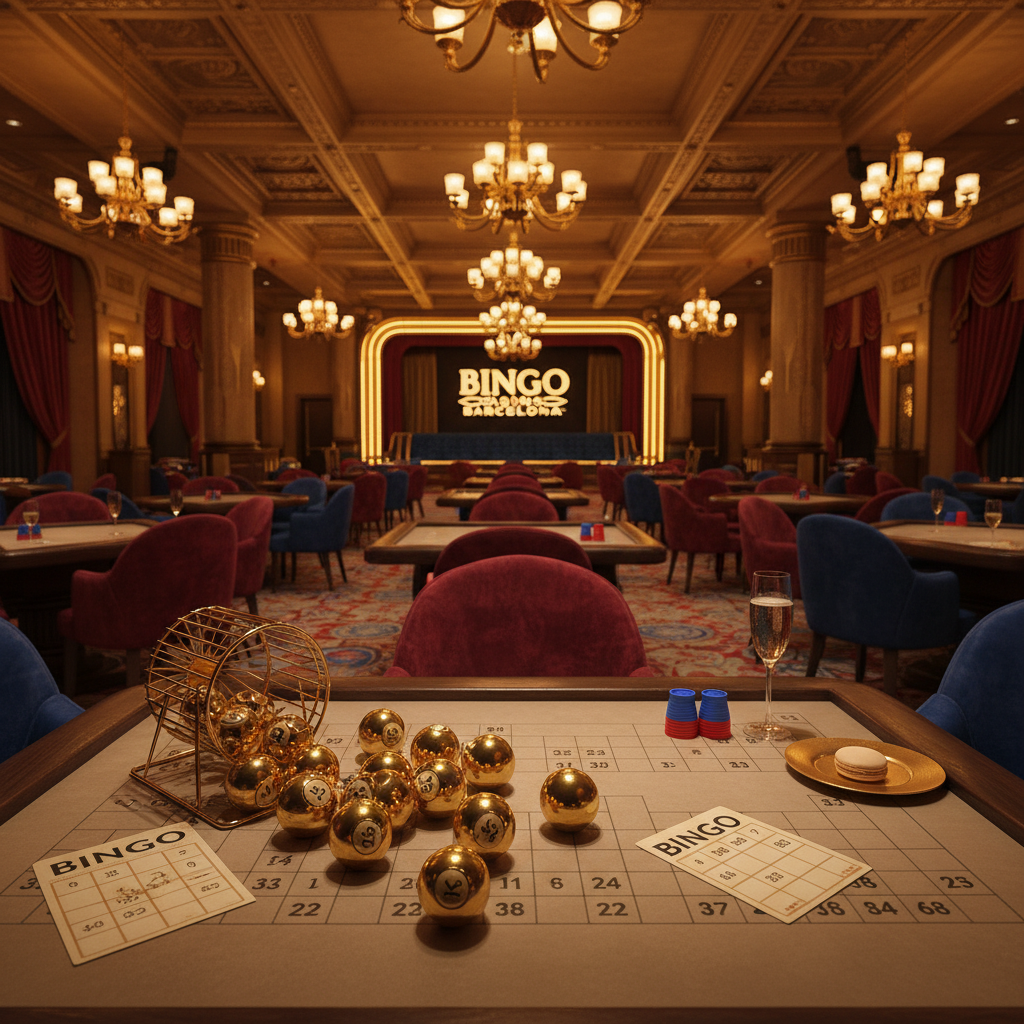 Interior de sala de bingo en Barcelona con ambiente nocturno dorado y mesas de juego