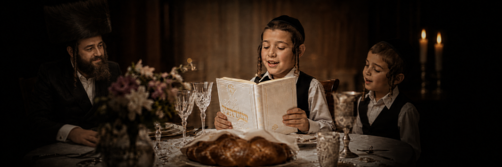 A chasidic boy singing zemiros from a custom Seudenyu songbook at the Shabbos table