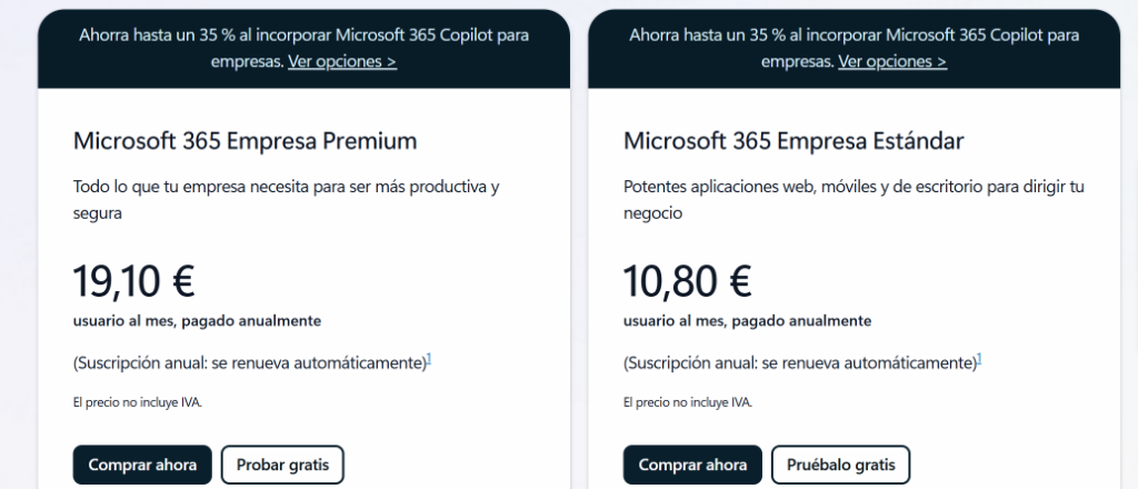 Tarifas de Office 365 Microsoft 365 para empresas
