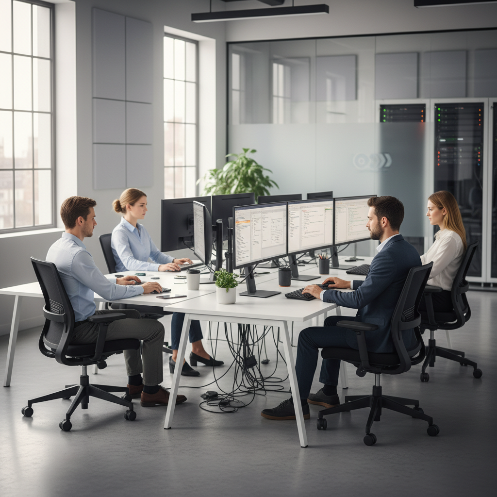 Técnicos informáticos de SBA Informática en Valencia trabajando con equipos