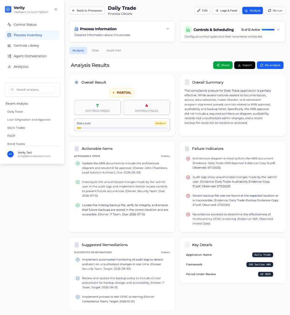 Verity automated control testing results showing AI-generated analysis, failure indicators, and remediation steps