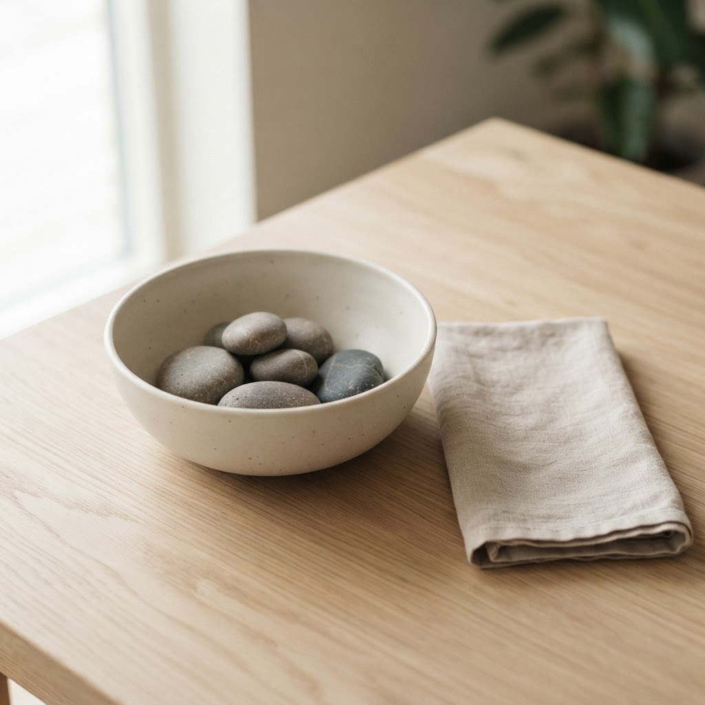 A minimalist still life featuring smooth river stones in a ceramic bowl and a folded linen cloth on a wooden table, representing a calm and observant approach to health monitoring.