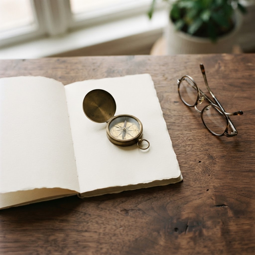 A vintage compass and reading glasses resting on an open notebook on a wooden desk, symbolizing navigation and careful study.