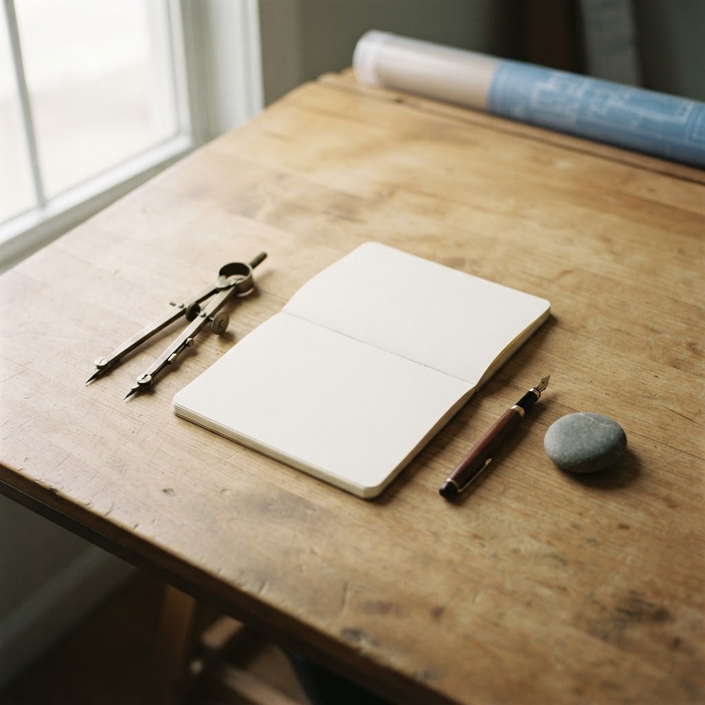 A wooden drafting table with architect tools, a sketchbook, and a smooth stone, representing the careful planning and assessment involved in medical staging.