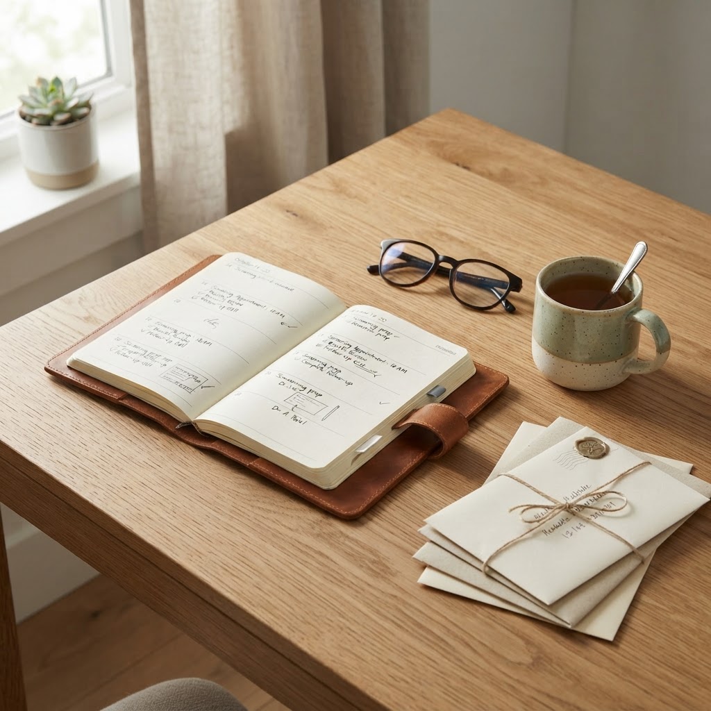 A calm, organized desk scene with a planner, glasses, and tea, representing the thoughtful preparation and planning involved in managing personal health and screening schedules.