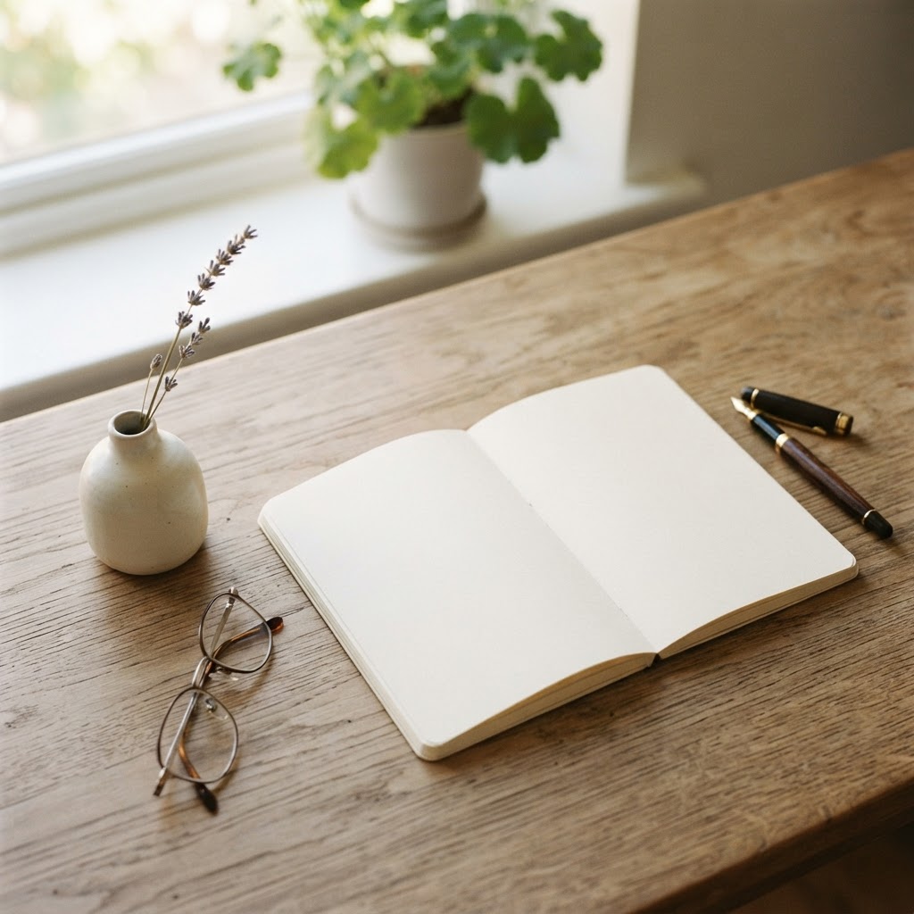 A quiet, organized workspace with a notebook, pen, and a small vase of dried flowers, representing the thoughtful planning and documentation involved in clinical trial participation.