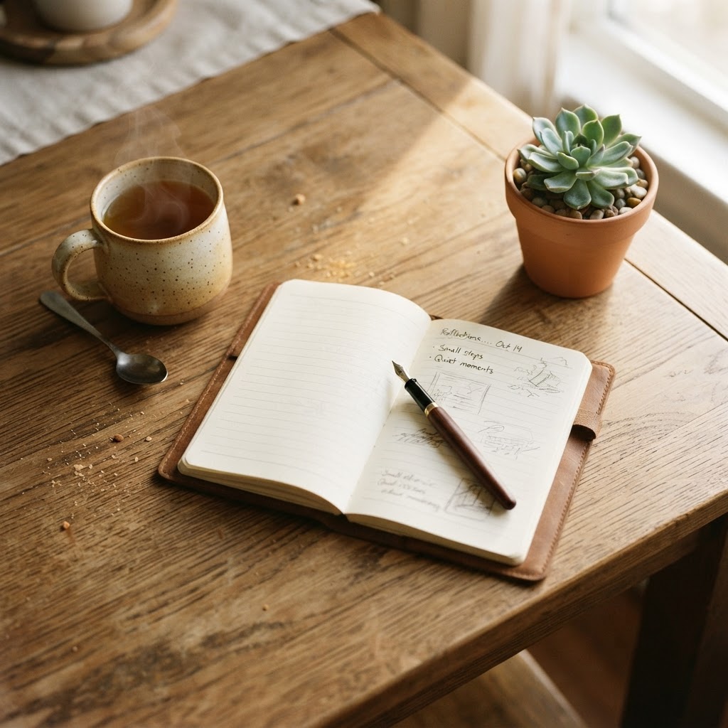 A peaceful, organized tabletop scene featuring a notebook, a pen, a cup of tea, and a small plant, symbolizing the quiet, daily management of health.