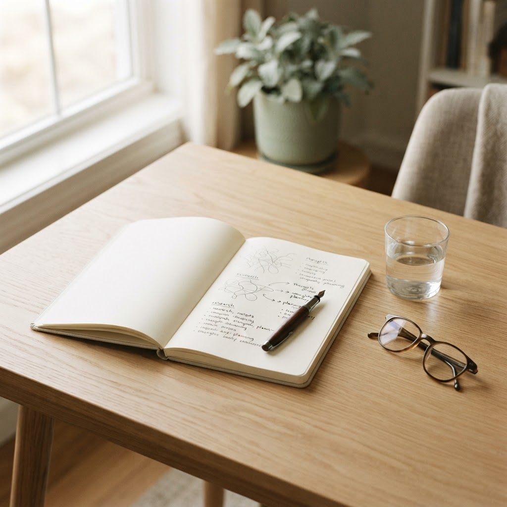 A clean, organized wooden desk with an open notebook, a pen, and reading glasses, representing a thoughtful and informed approach to medical decision-making.